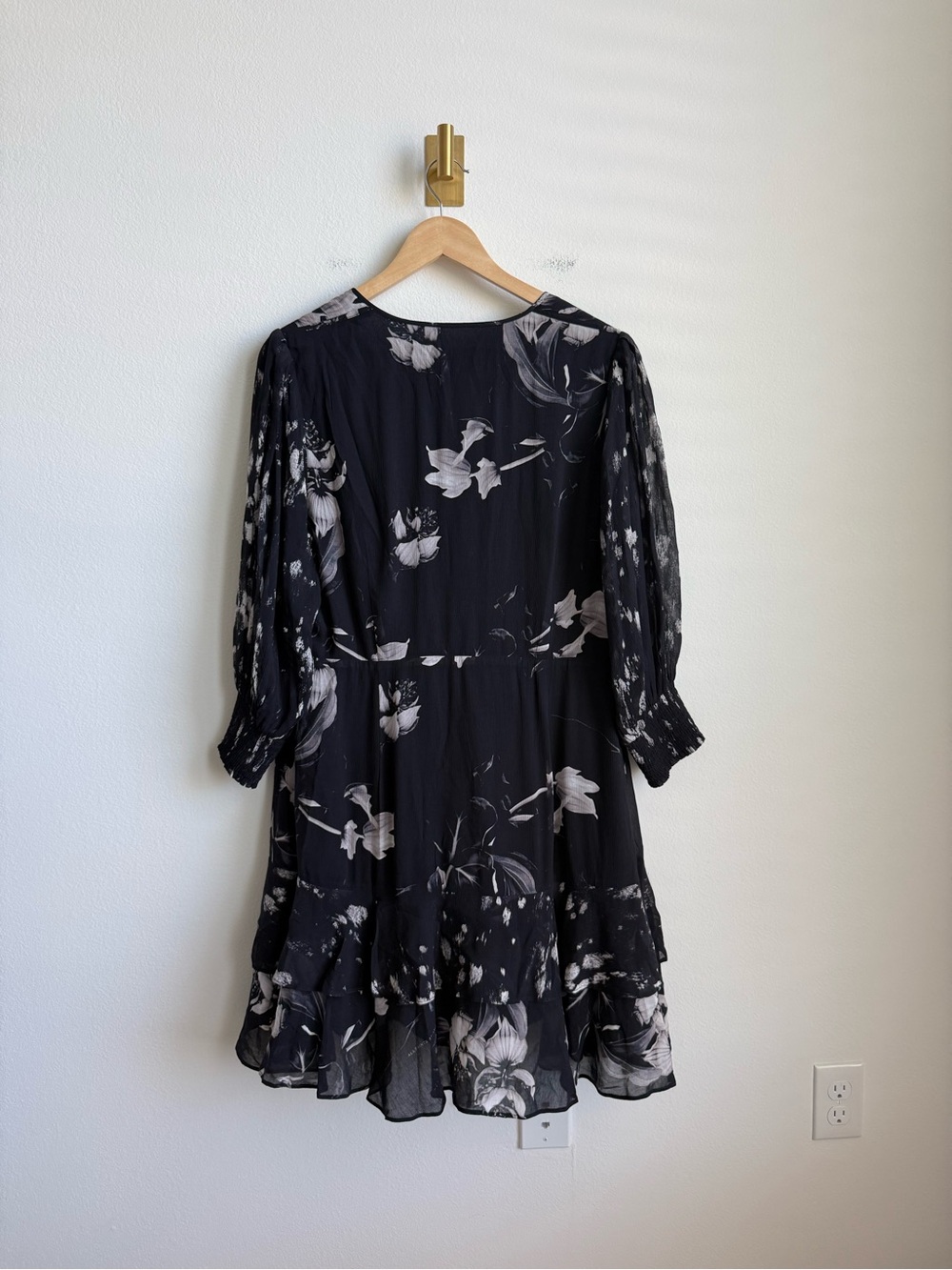 AllSaints Ari Pauline Floral Faux Wrap Chiffon Mini Dress Black Grey 10 - Picture 14 of 16